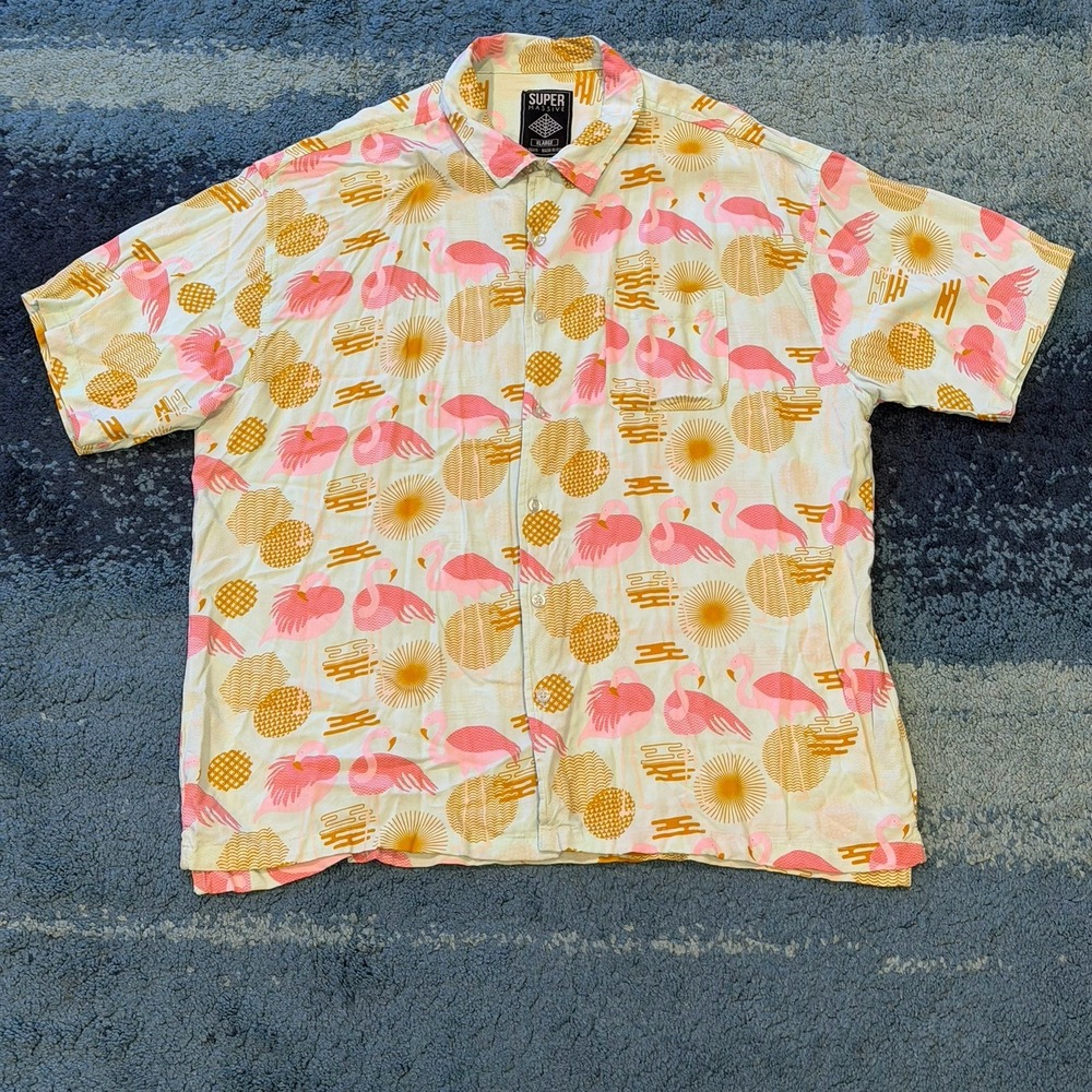 Super Massive Short Sleeve Button Up Short Pink Flamingo Print Men's XL Hawaiian
